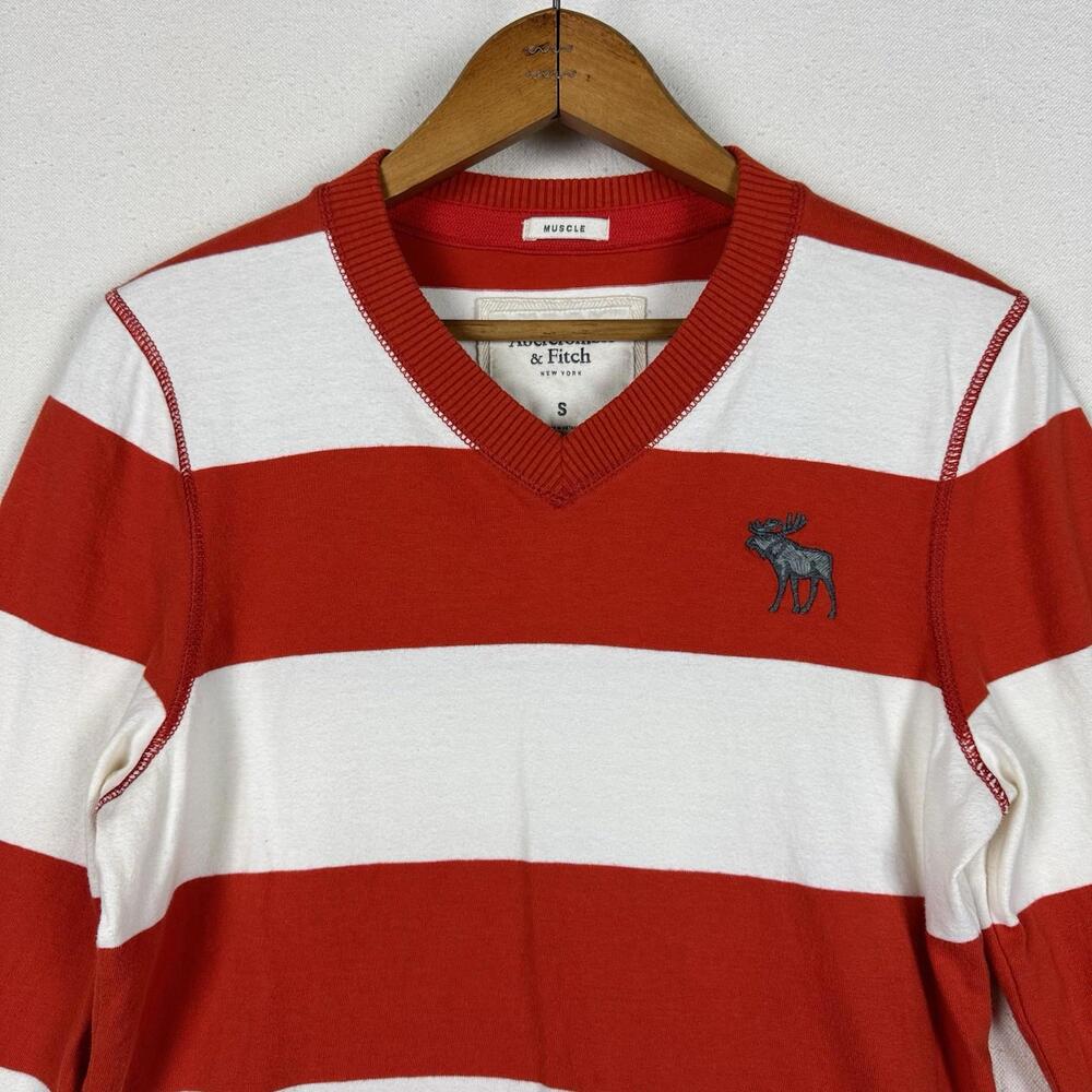 Abercrombie & Fitch V Shirt‎ Sweater Men S Orange White Stripe Moose Muscle A&F